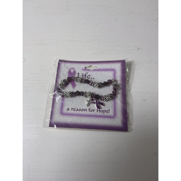 Beaded Purple Ribbon Cancer Awareness Bracelet - Picture 1 of 2